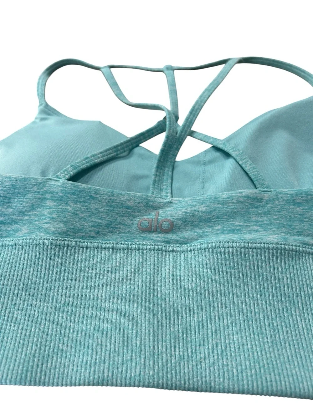 ALO Yoga Lavish Bra In Aqua Strappy Back Sports Bra Small Heather Blue Alosoft